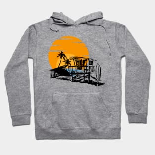 Life Guard Station at the Beach with Sunset and Surfboard Hoodie